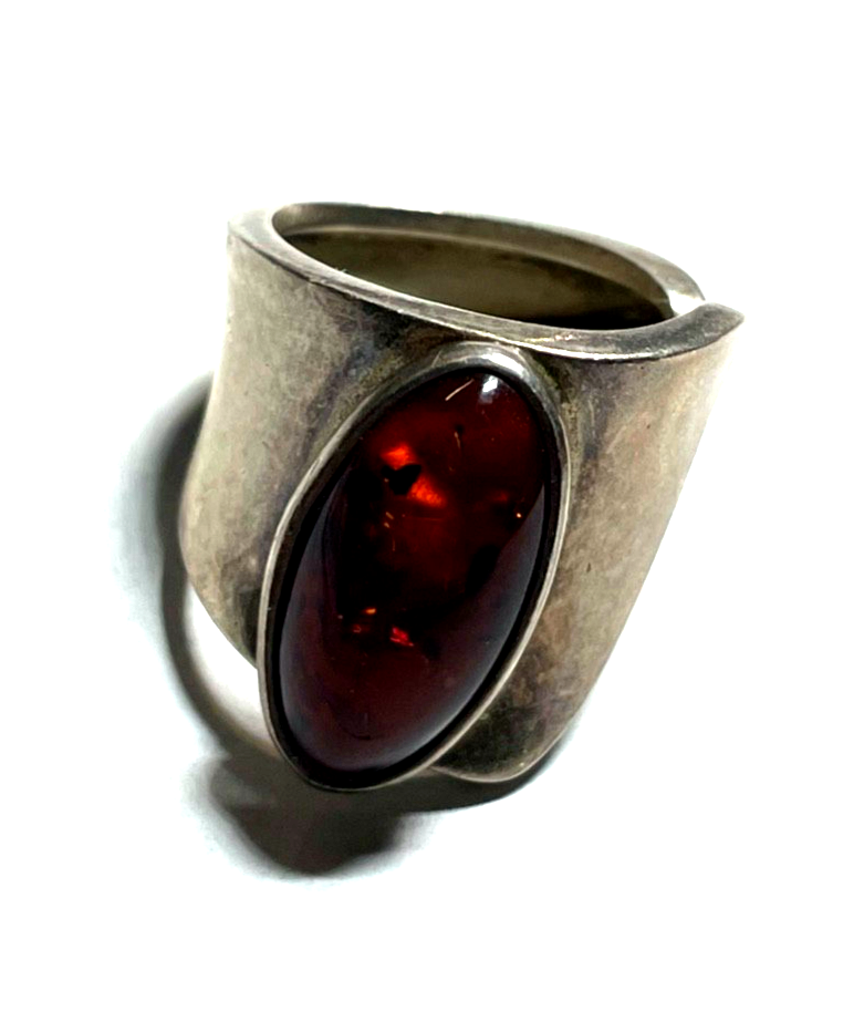 Aparter 925 Silber Design Ring Handarbeit Bernstein Cabochon offene Schiene2