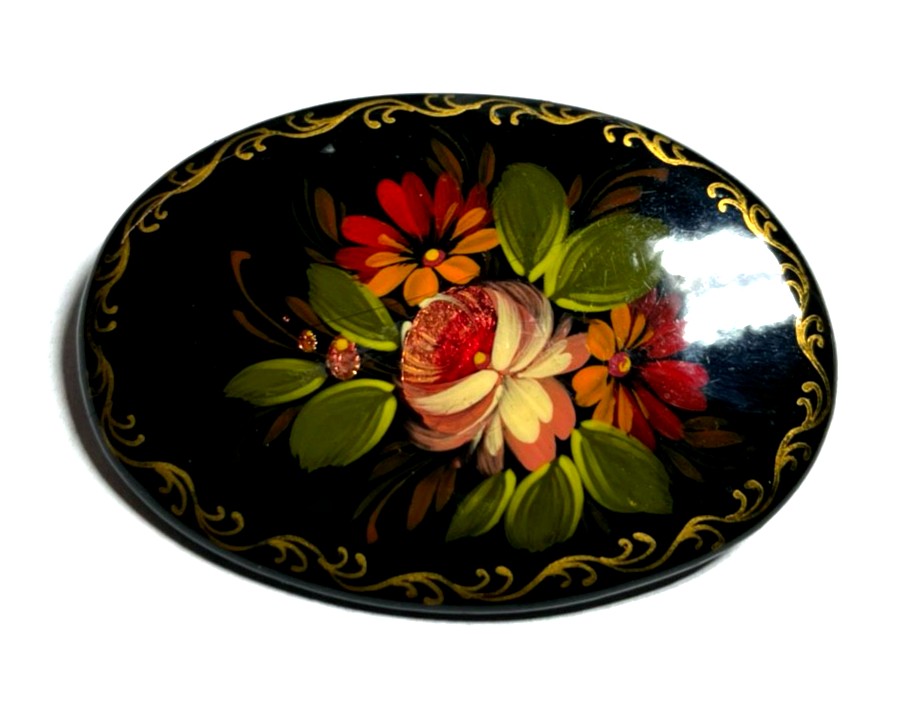 Vintage handgemalt oval Lack Brosche Lackmalerei Blumenbukett sign. Handarbeit0