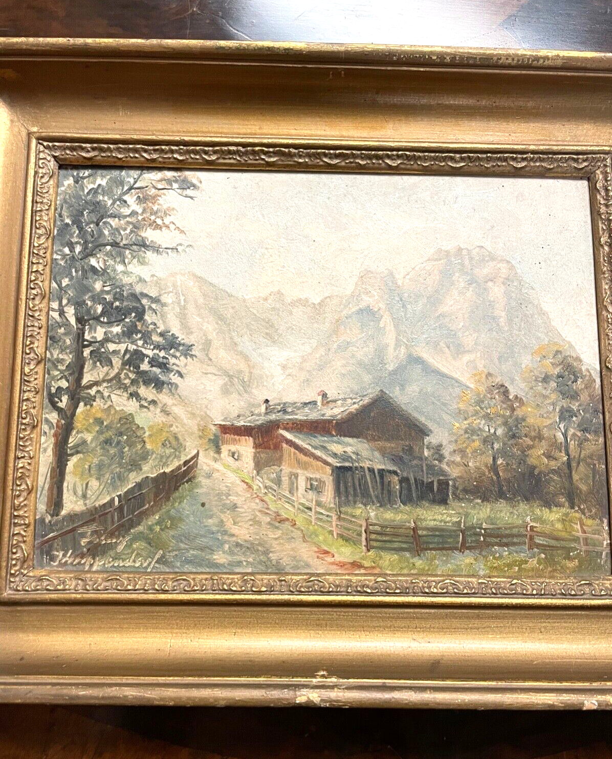 Ölgemälde Franz Krippendorf 1907-1982 alpenländische Kate vor Gebirge Landschaft2
