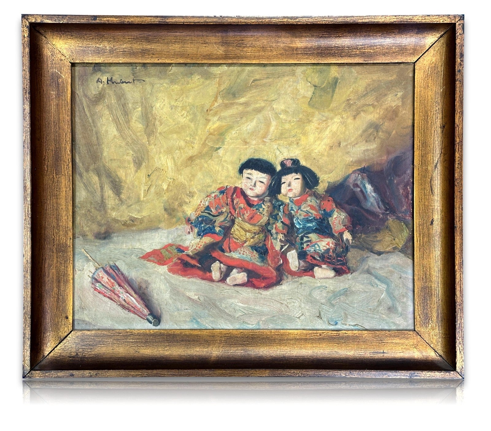 Albert Hubert (1878-?) – Japanische Puppen in Kimonos - Öl auf Masonit signiert0
