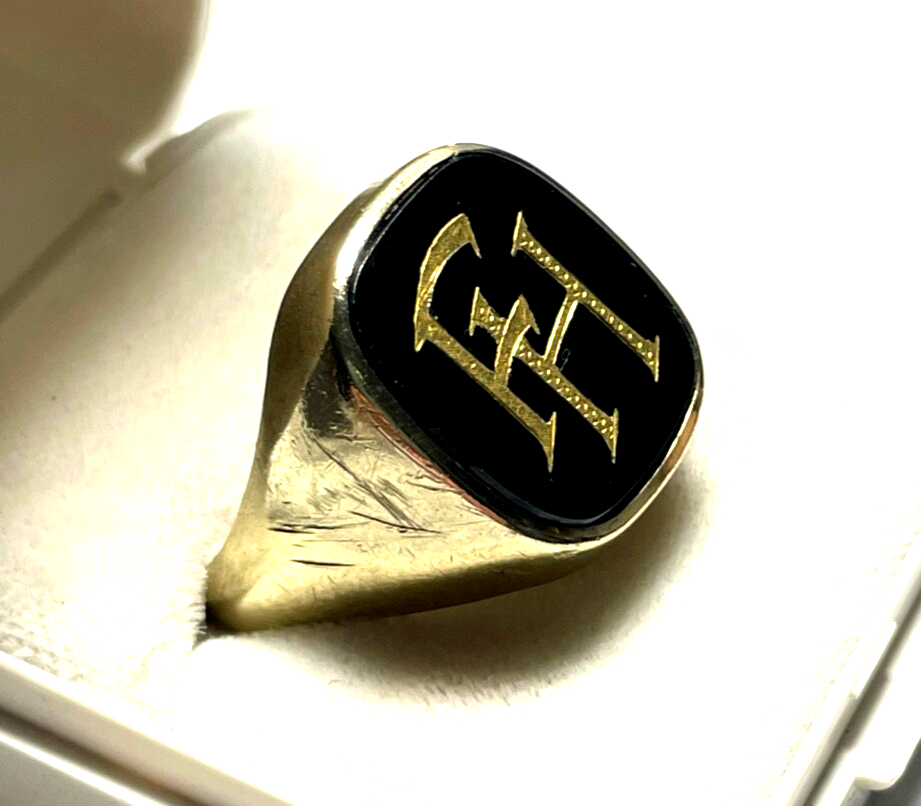 333 Gold 8 K Herrenring Ring Siegelring Onyx Initialen FH o HF  Ø 20,5 mm RG 651