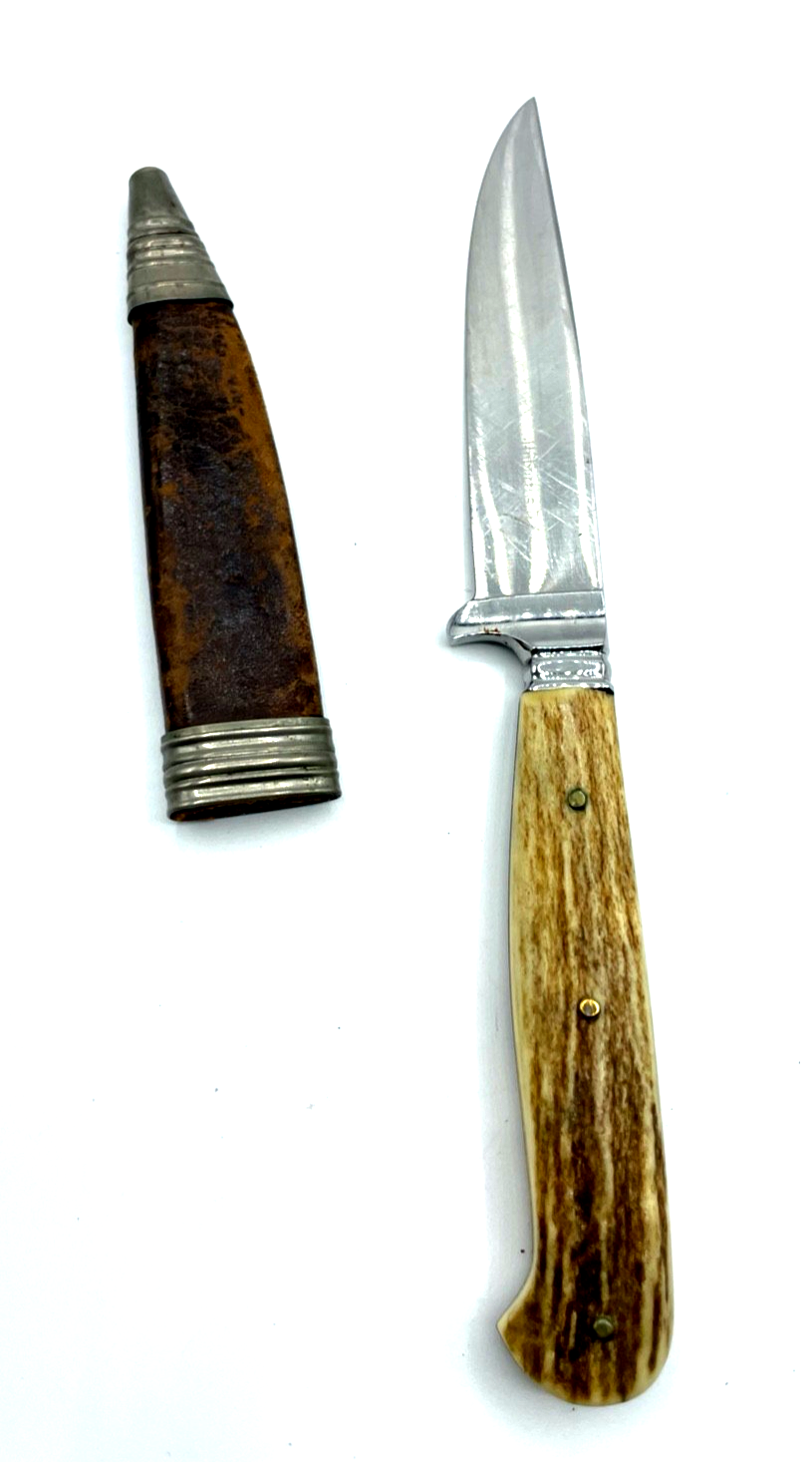 Antik Jagdmesser Taschenmesser mit Horngriff + Leder Scheide Hubertus Solingen2