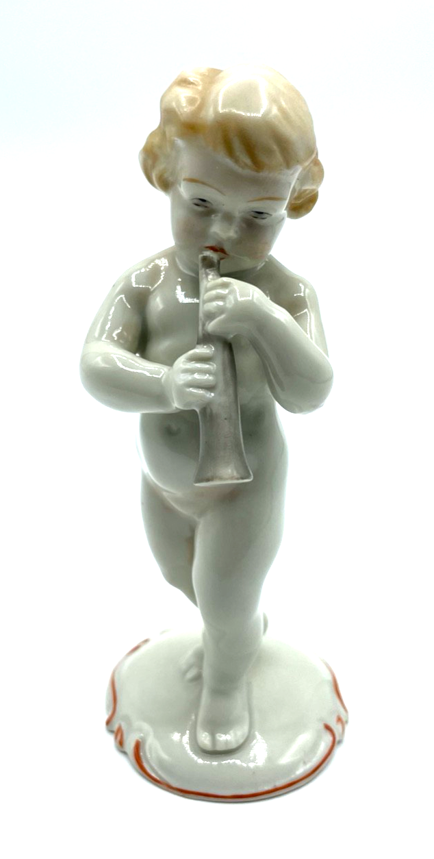 Antik Metzler & Ortloff Porzellan Figur Nackedei mit Flöte 20er J  Putte H 12 cm0