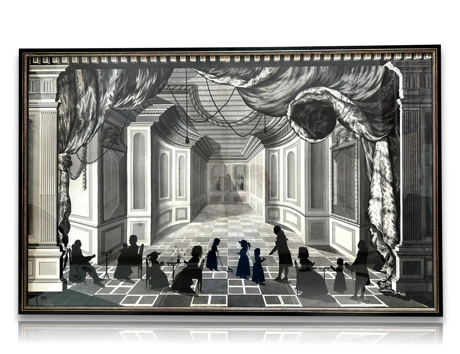 Mischtechnik auf Papier - klassizistisches Bühnenbild 1786 mit Silhouette - bez.0