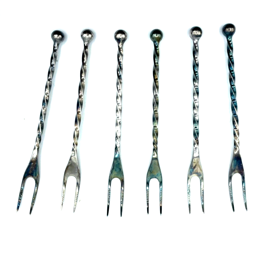 Vintage 6 Set WMF Cocktailgabel Bowlegabel Spicker  versilbert L 11,4 cm gepfl.3