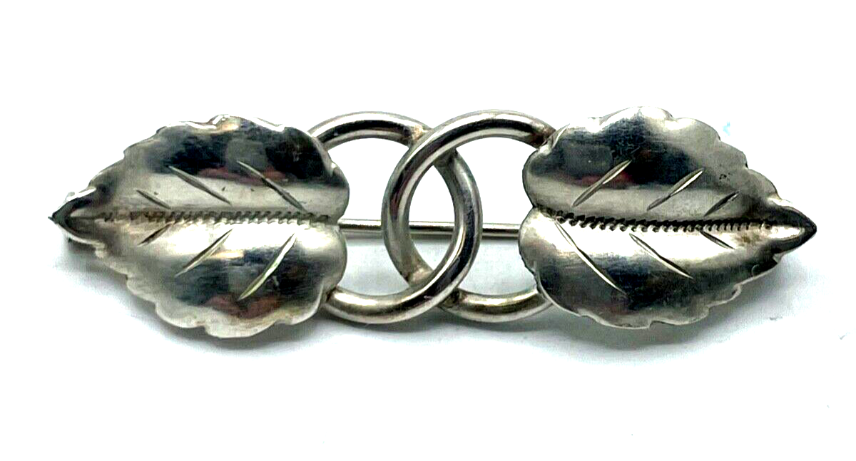 Antik 800 Silber Brosche Anstecknadel 2 Blätter Design Handarbeit 30erJ L 47 mm1