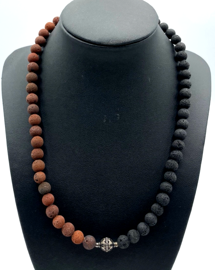 925 Silber Karabiner an Lava Kugel Kette Braun + Schwarz gepflegt 47,5 cm Ø 8 mm0