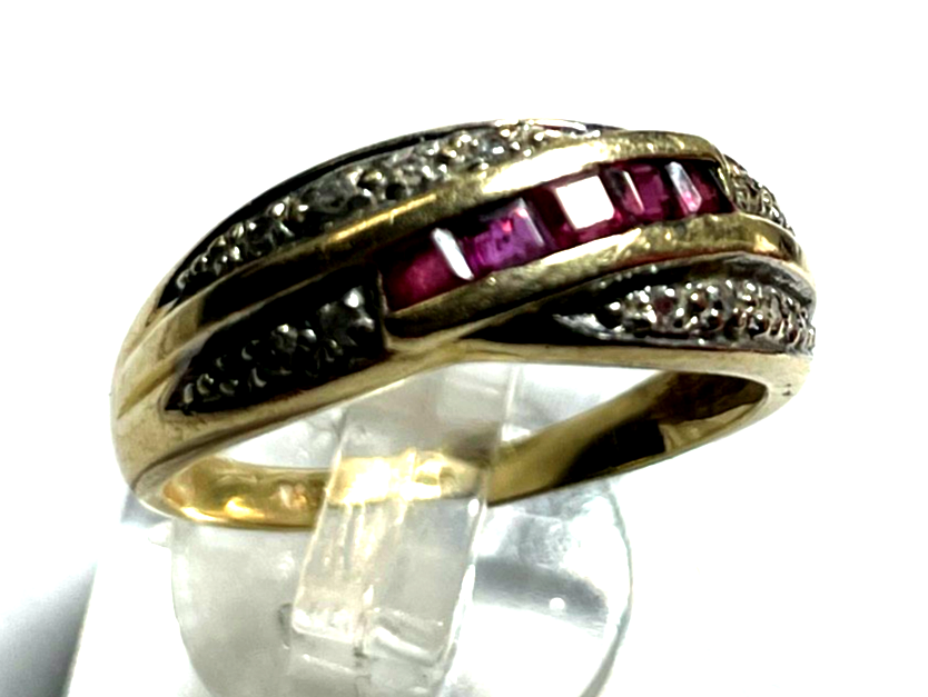 585 Gold 14 K Ring 5 x Rubin + 12 Diamanten Bandring RG 54 Ø 17,2 mm sehr gepfl2