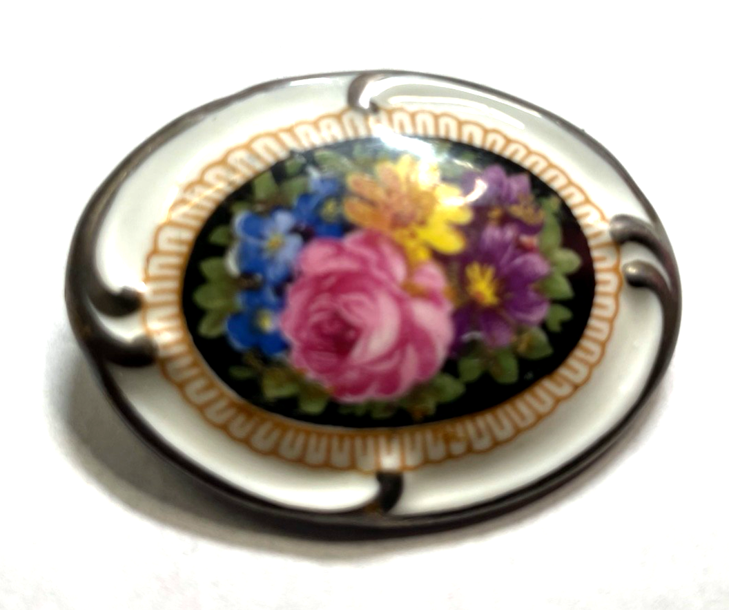 Antik Schumann Porzellan Brosche Blumen Motiv Handmalerei 30er Jahre H 37 mm1
