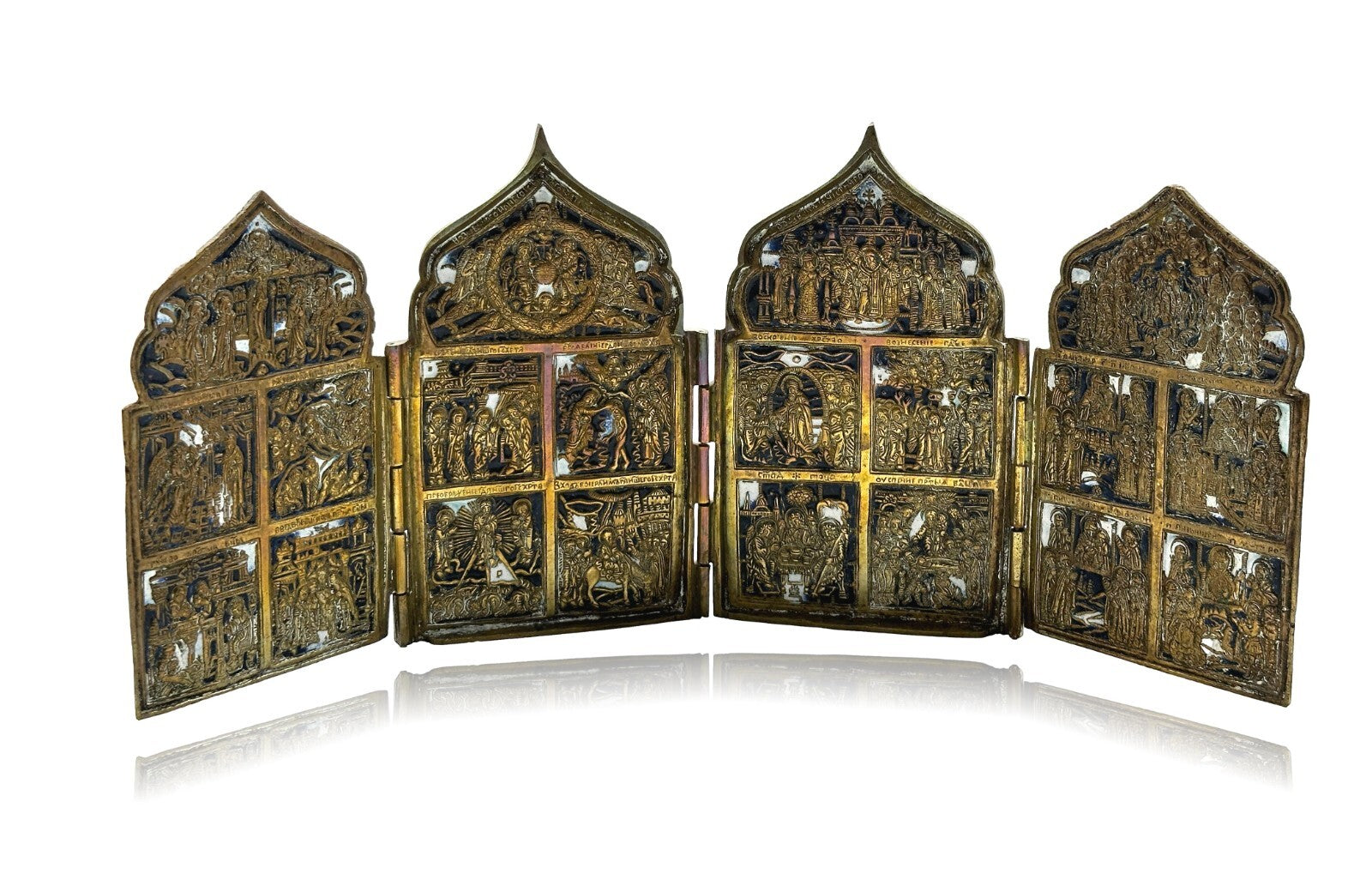 Russische Reise-Ikone - Polyptychon - Bronze - um 1800 - Emailliert - 4-teilig0