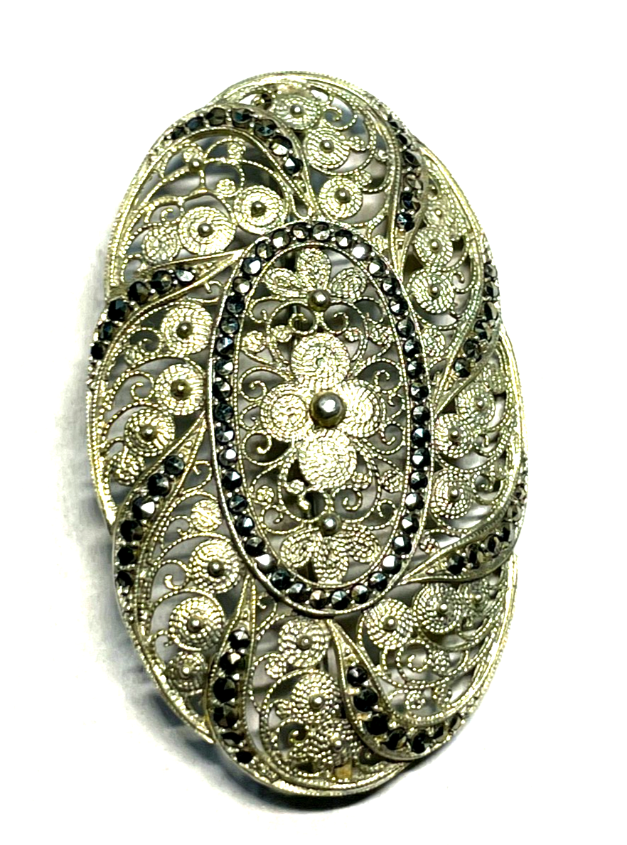 Antik 835 Silber Brosche Jugendstil filigrane Handarbeit Markasit Besatz vergold8