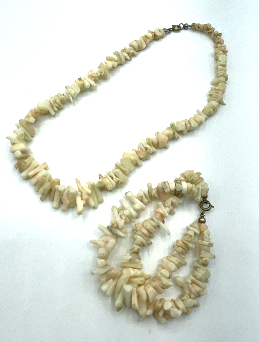 Vintage weiße Koralle Set Halskette + Armband 2-reihig 50er Jahre Splitterkette5