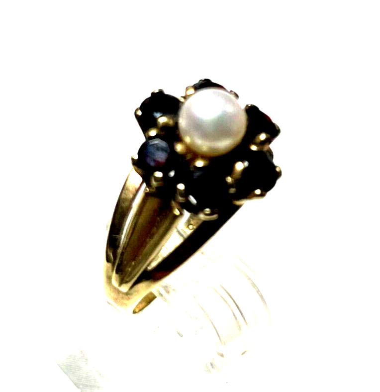 Vintage 333 Gold 8 K Ring 6 Granat + 1 Perle Ø 16 mm RG 50 Klassiker gepflegt7