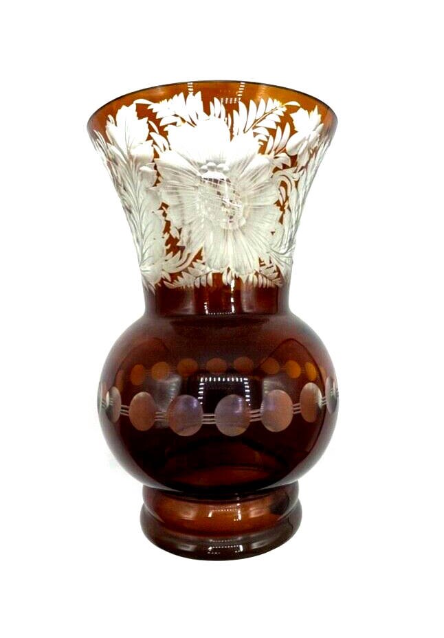 Vintage Böhmen Kristall Glas Vase florales Ätzdekor Cognac farbig Überfang H21cm0
