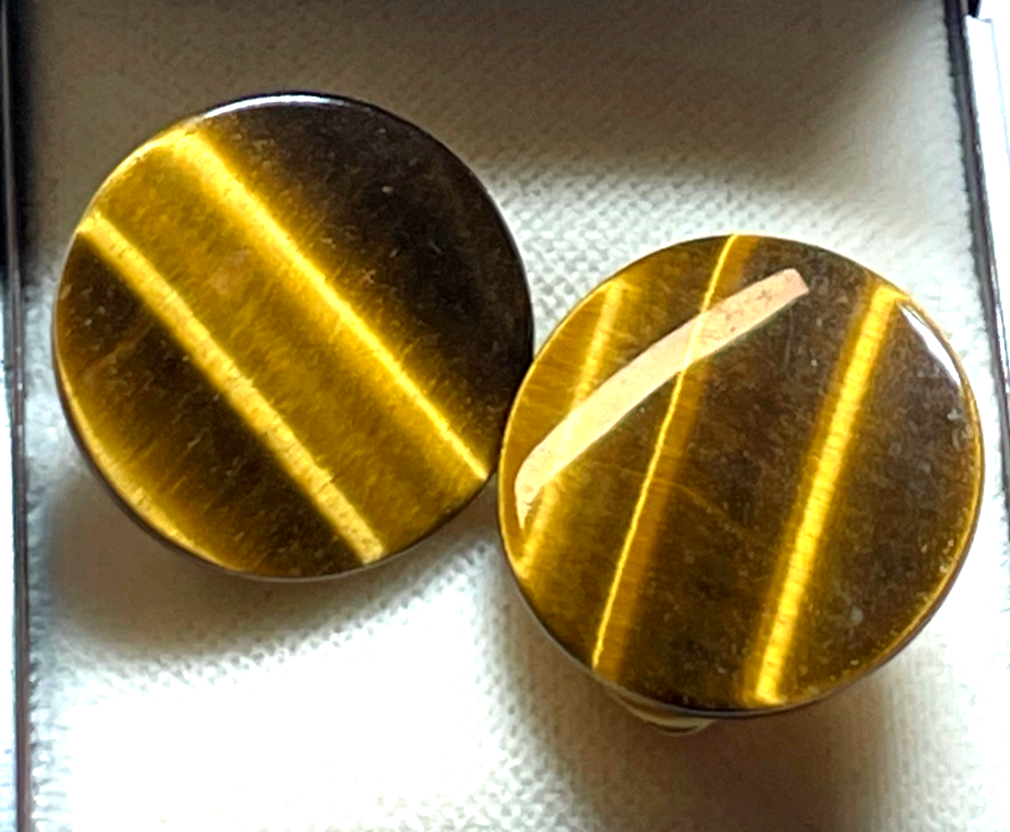 Paar elegante vergoldete Ohrclips Clips mit Tigerauge Ø  20mm sehr gepflegt2