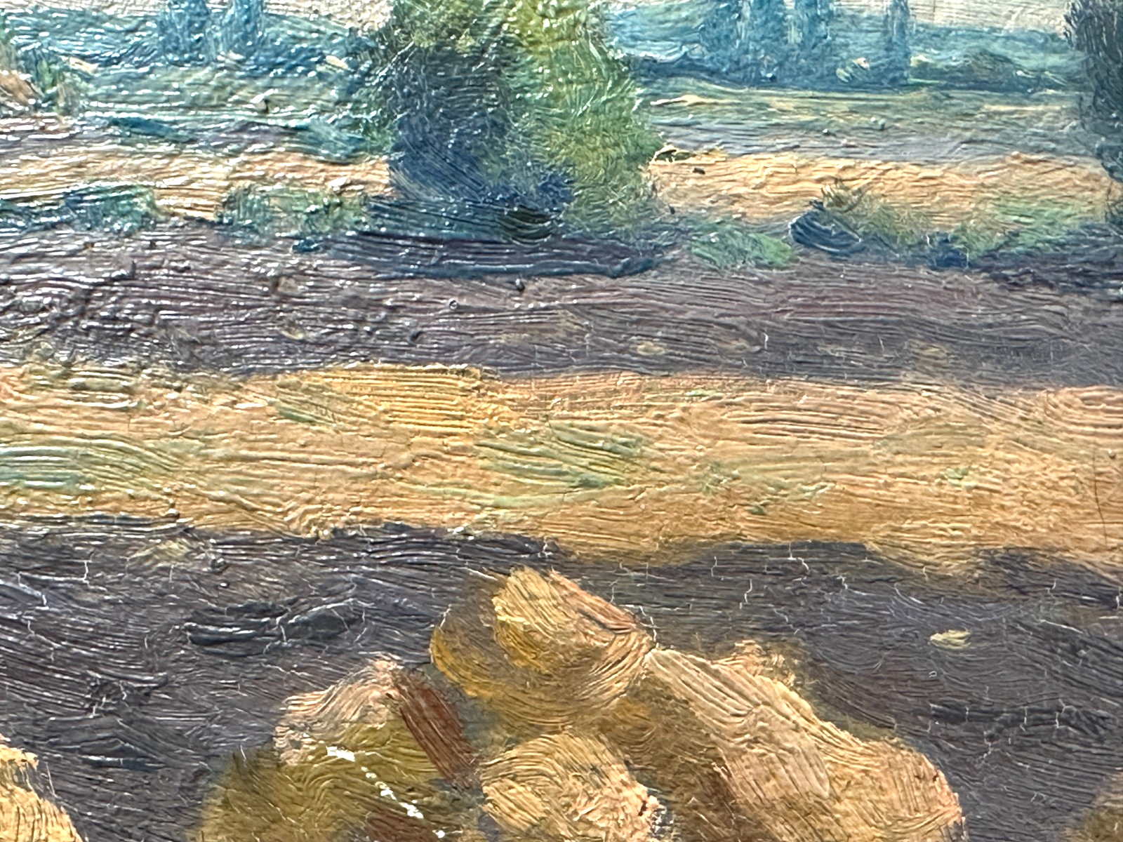 Ölgemälde – Landschaft mit Erntehocken & Traktor, signiert W…, ca. Mitte 20. Jh8