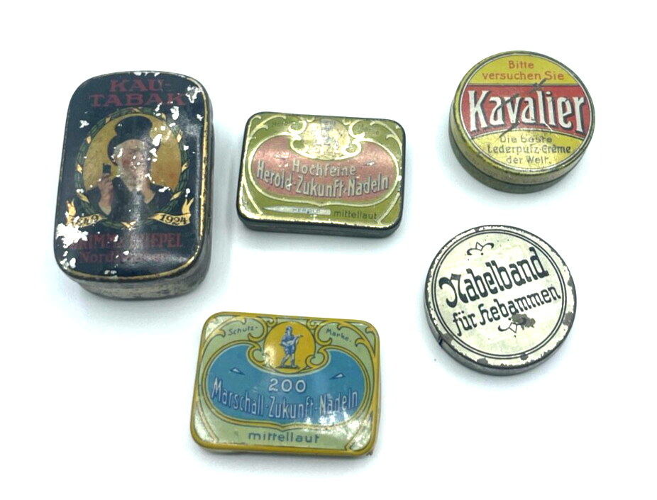 Antik 5 kleine Blechdosen Werbung Reklame Kautabak Grammophon Nadel etc. gepfl.0