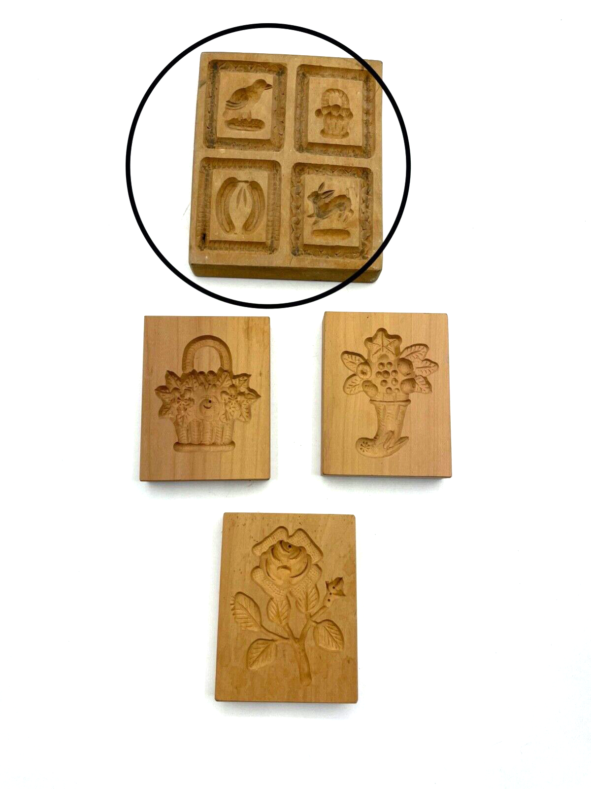 4x kl. Holzmodel Springerle Model Backmodel Holz Handarbeit diverse Motive Rose6