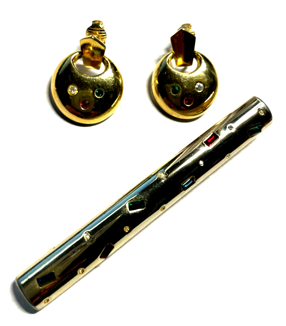 80erJ Modeschmuck Set Brosche + Ohrclips Clips Farbsteine vergoldet 1A gepflegt0