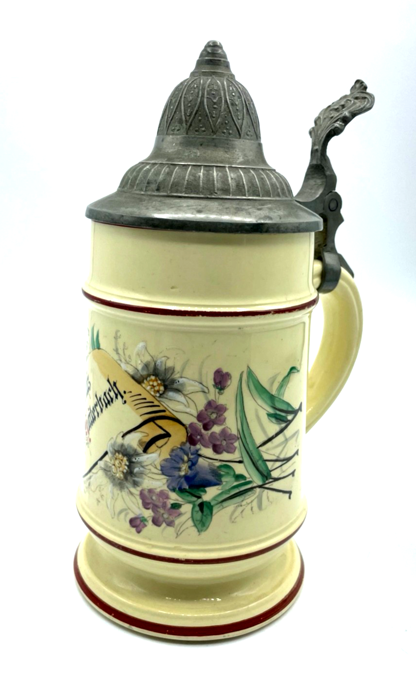 Antik Porzellan Bierkrug mit Zinn Deckel Bier Seidel um 1900 Gruß aus Haiterbach1