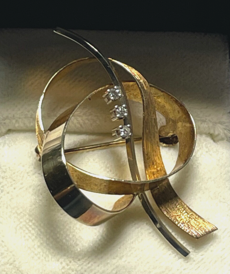 Elegante 585 Gold 14 K Gold Brosche Anstecknadel 3 x Diamant 4,54 Gr. Juwelier6