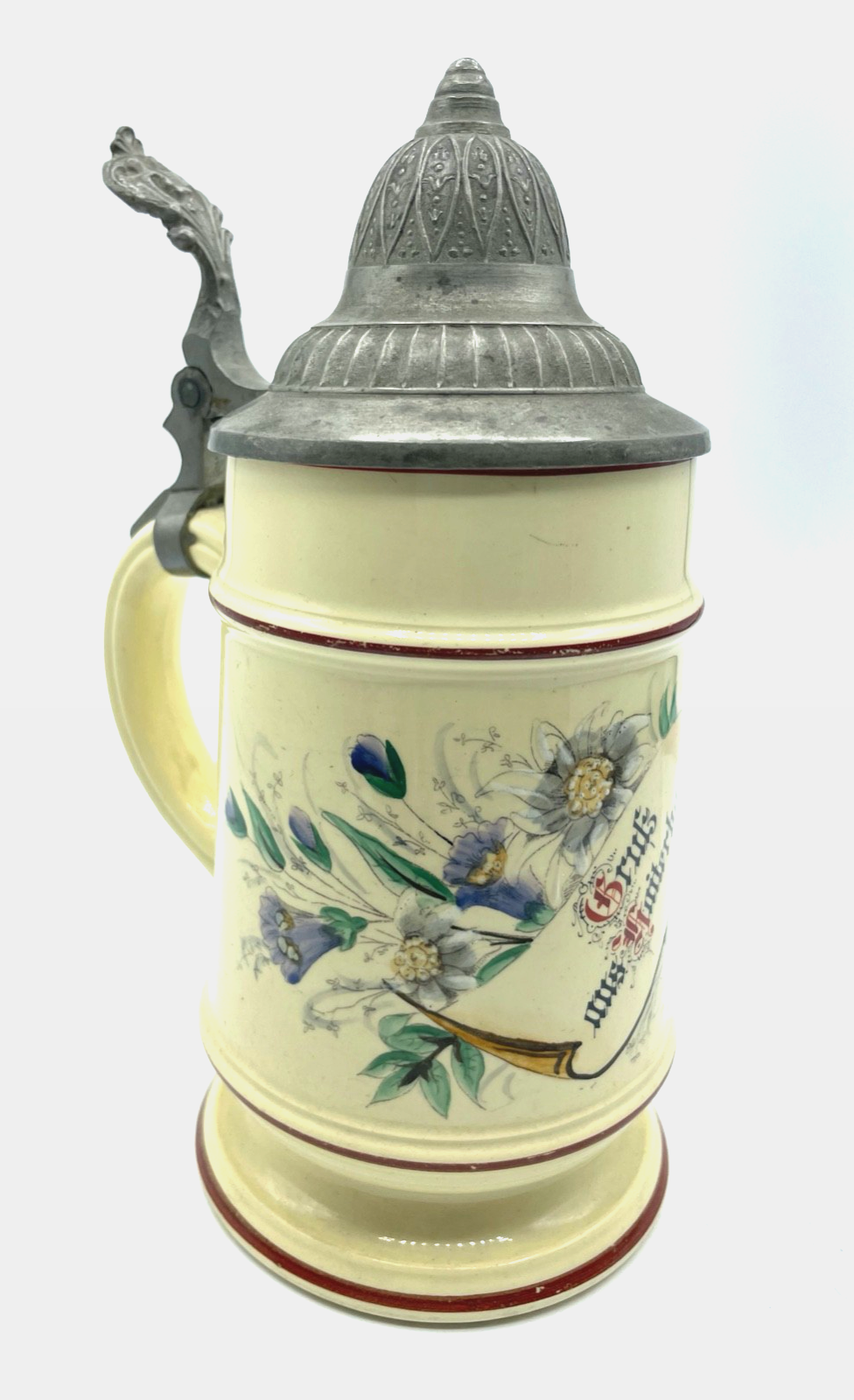 Antik Porzellan Bierkrug mit Zinn Deckel Bier Seidel um 1900 Gruß aus Haiterbach2