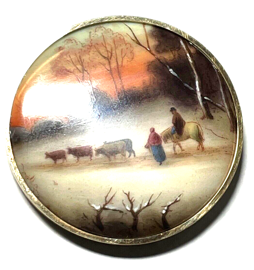 585 Gold 14 K Gelbgold gr. Anhänger / Brosche Porzellan Lupenmalerei  Ø 52 mm3