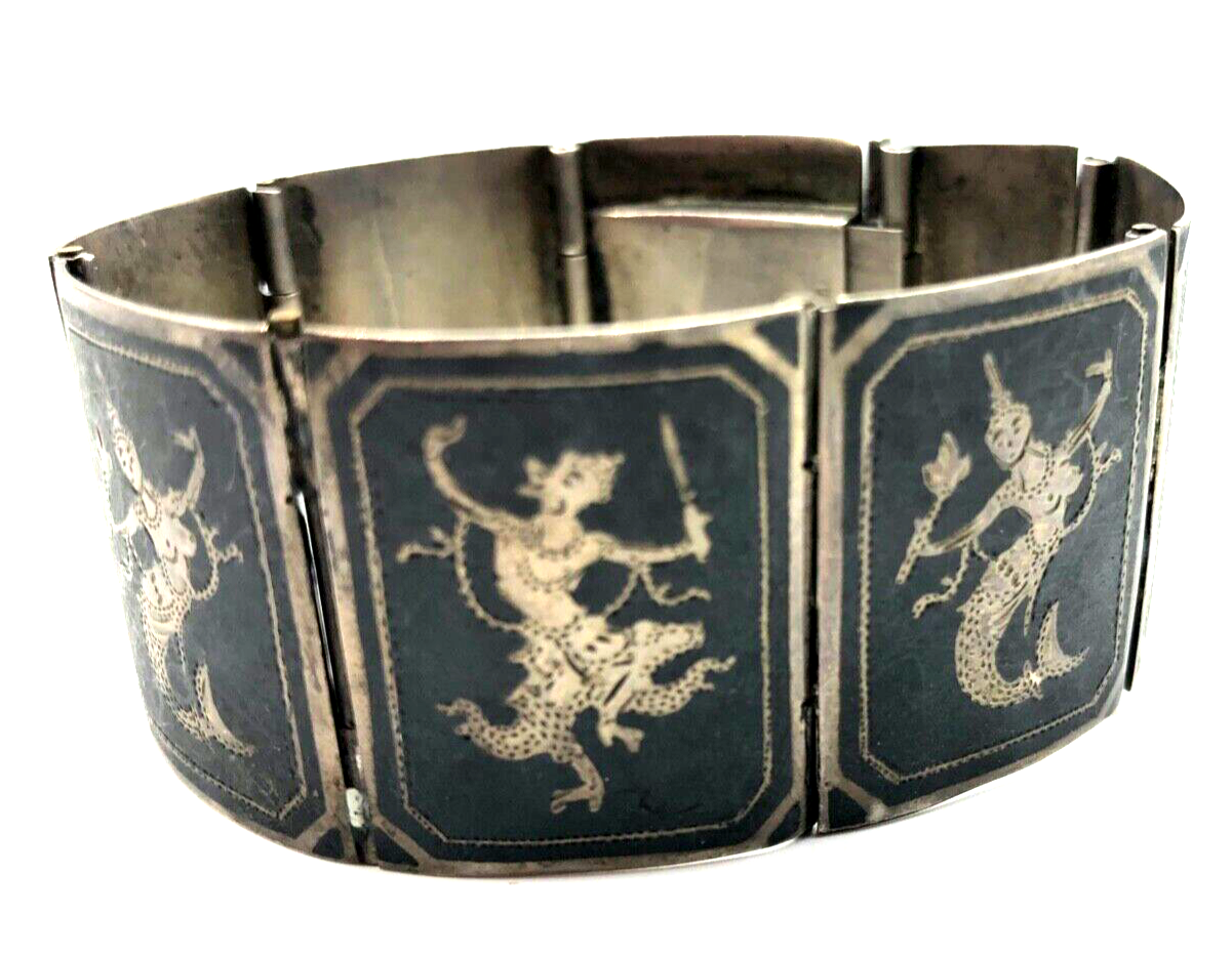 Stattliches vintage 925 Sterling Silber Armband Siam Tempeltänzer L 18 cm B 3 cm1