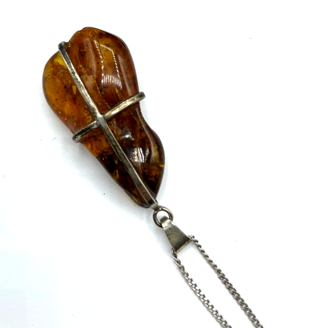 Vintage 925 Bernstein Anhänger Naturbernstein Handarbeit an 61,5 cm Panzerkette1