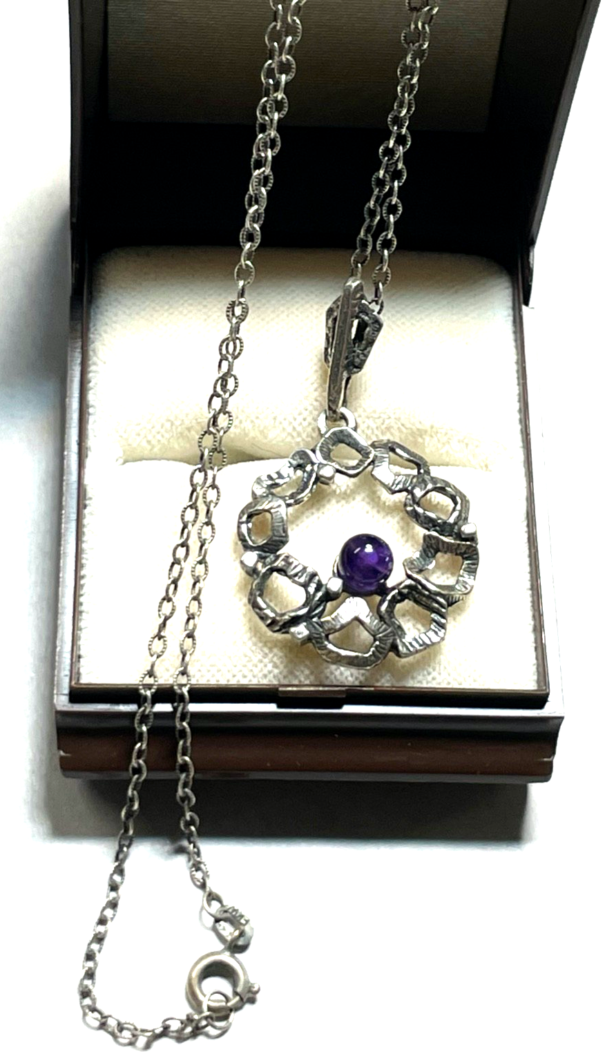 Vintage TEKA Design 835 Silber Kette + Anhänger 70er J Amethyst Brutalist gepfl.0