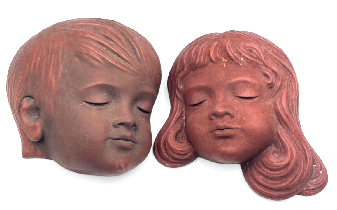 Paar vintage Achatit Wandmaske Junge + Mädchen Kinder 2 Masken 50er 60er Jahre2