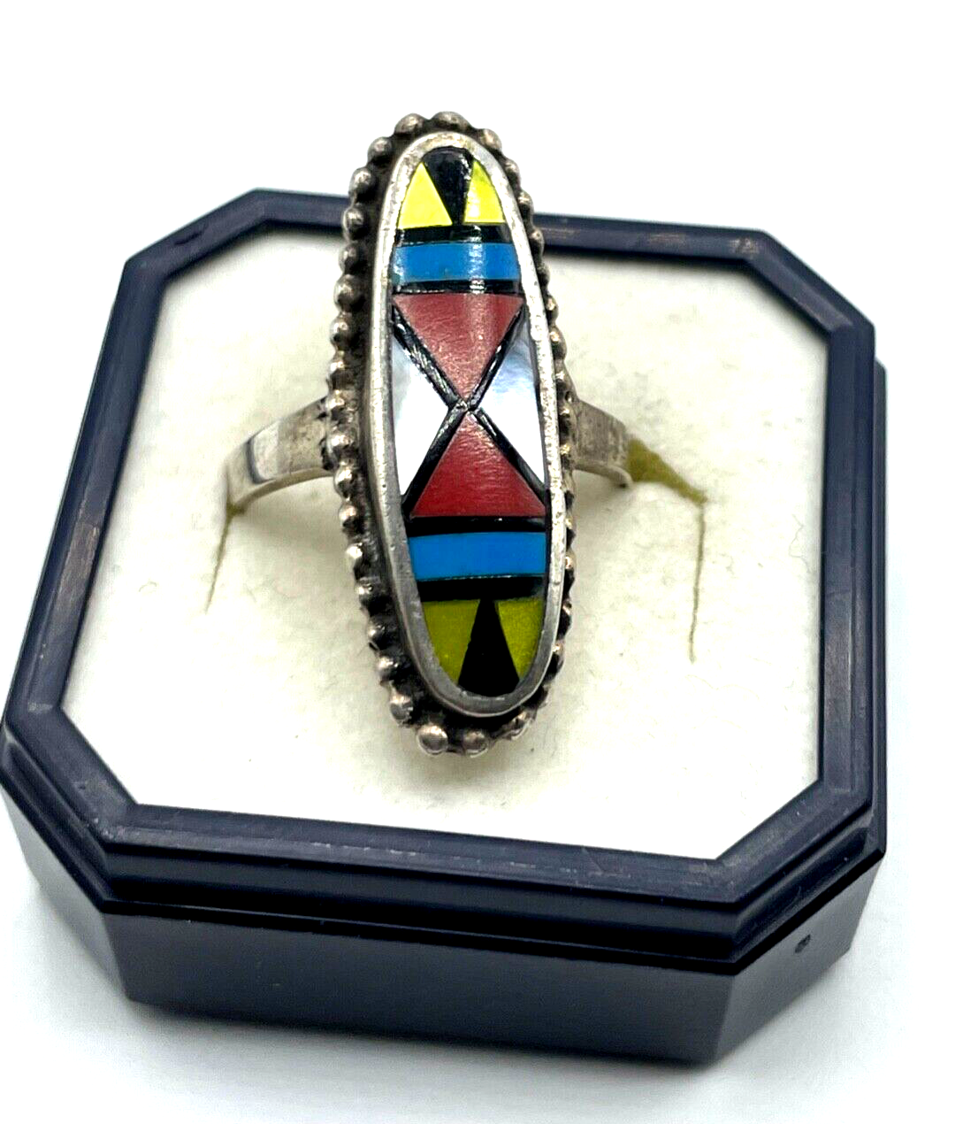 925 Sterling Silber Ring Zuni Indianerschmuck Edelstein Inlay Handarbeit Ø 17mm3