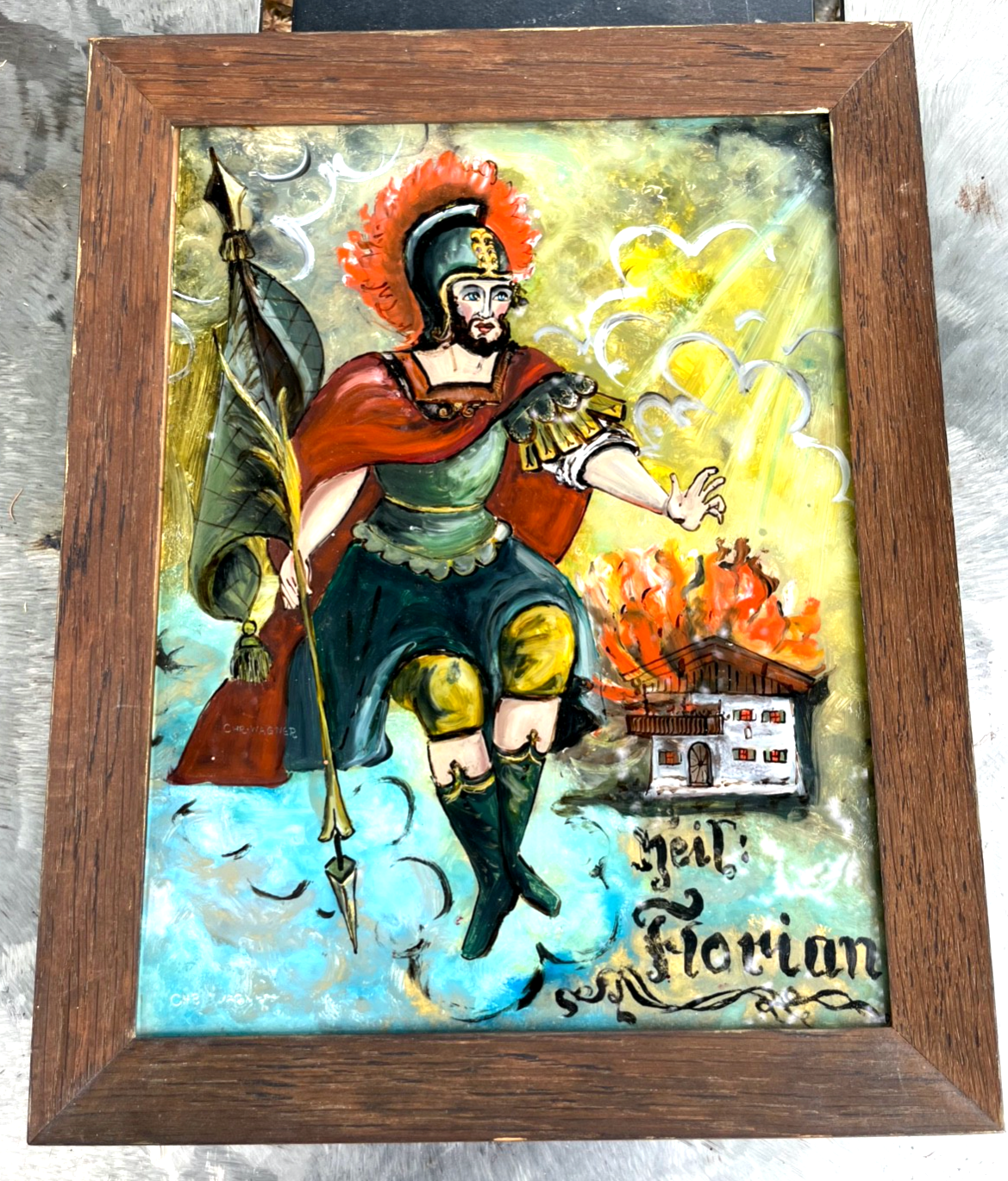 Gr. Hinterglasmalerei Hinterglasbild Schutzpatron Hl. Florian gerahmt H 36,3 cm2