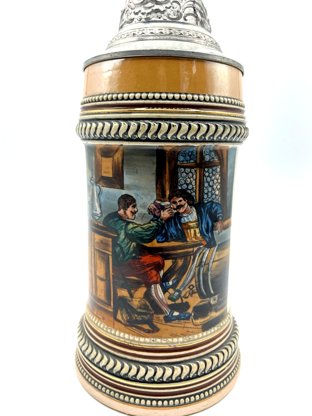 Antik Steinzeug Bierkrug Krug Zinn Deckel handbemalt Wirtshaus 0,4 Ltr. um 19001