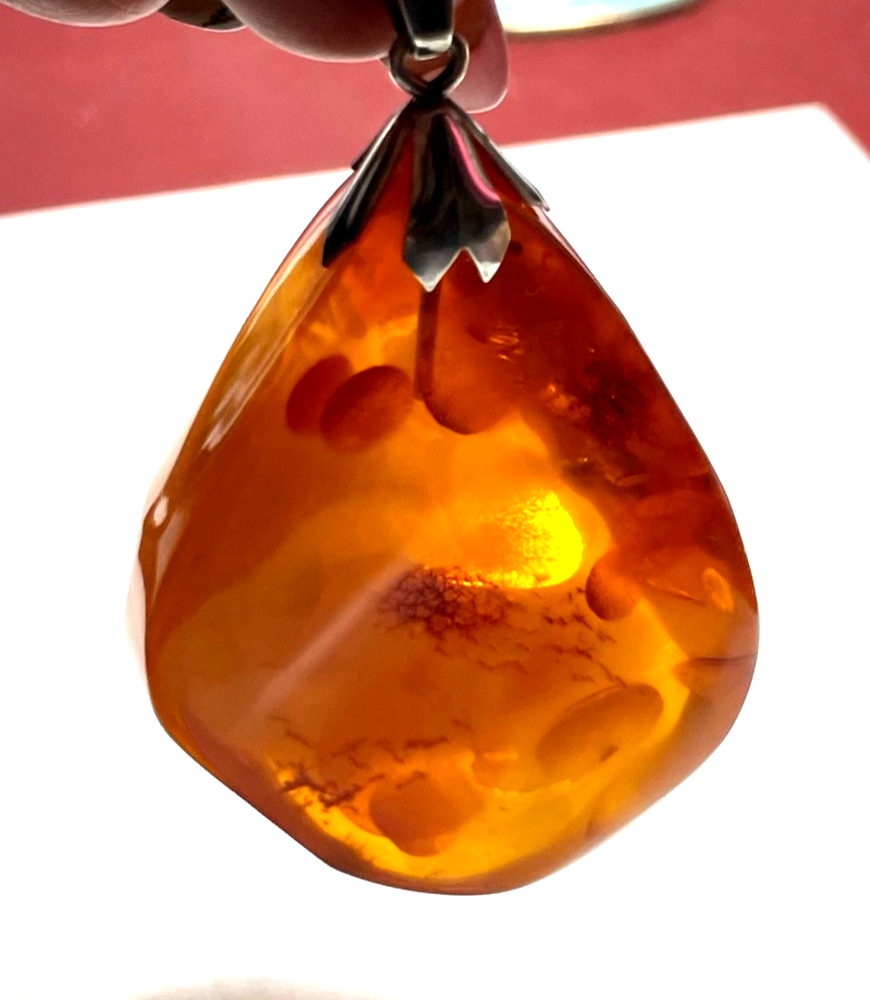 Mächtiger vintage Natur Bernstein Nugget poliert Anhänger Echtsilber Kordelkette13