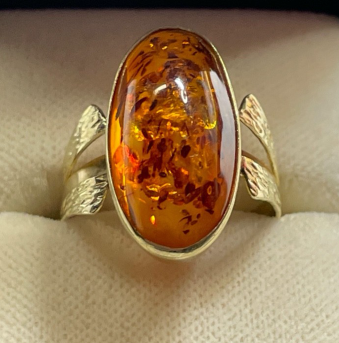 Vintage wunderschöner 333 Gold 8K Ring Bernstein Cabochon Ø 18 mm RG 57 Juwelier1