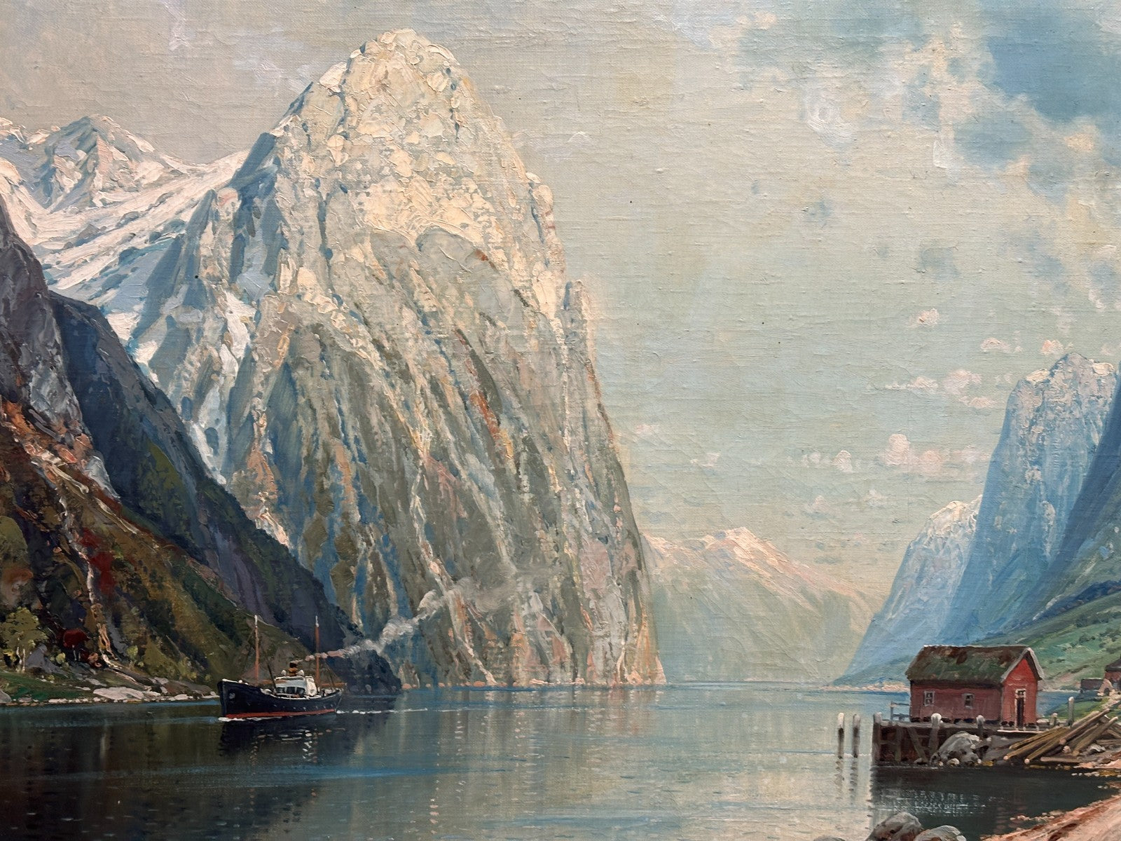 Carl Berthold  geb. 1870 - Fjord mit Dampfschiff - Öl auf Leinwand - signiert1