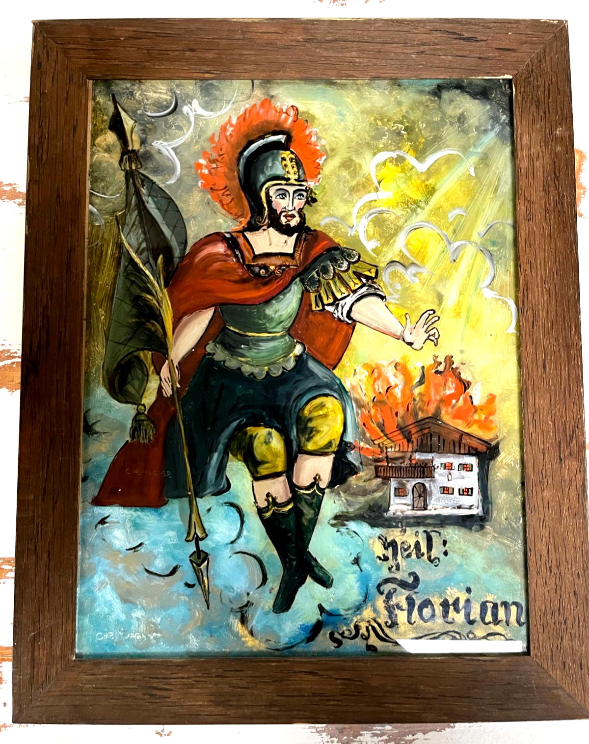 Gr. Hinterglasmalerei Hinterglasbild Schutzpatron Hl. Florian gerahmt H 36,3 cm0