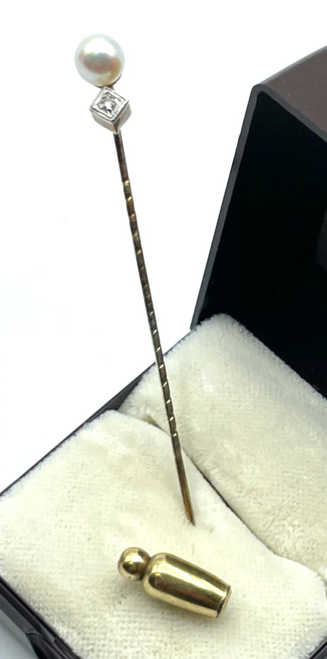 Antik 585 Gold 14 K Gold Reversnadel echte Perle + Achtkant Altschliff Diamant3