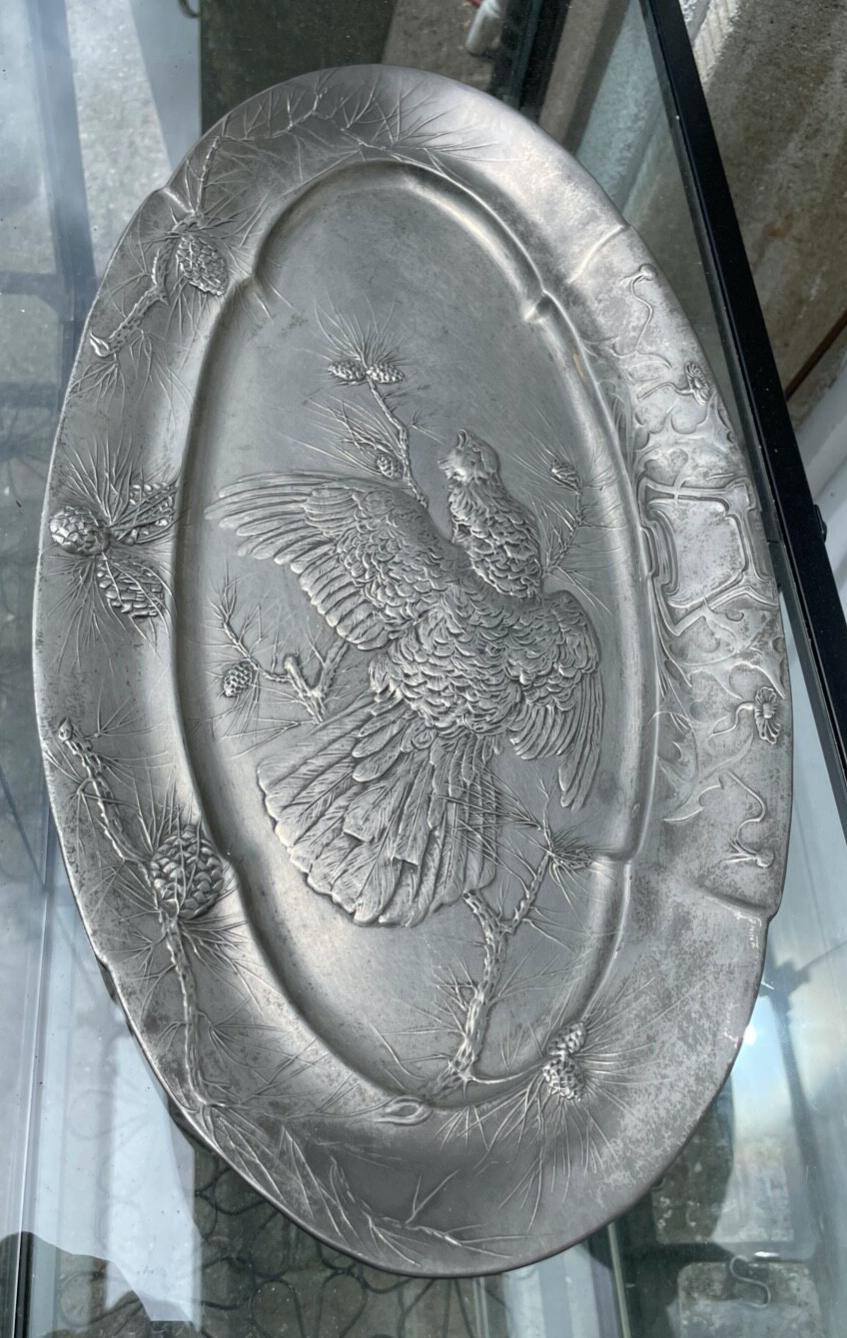 Vintage große ovale Platte  Jugendstil B&G Imperial Zinn Dekor Auerhahn L 52 cm2