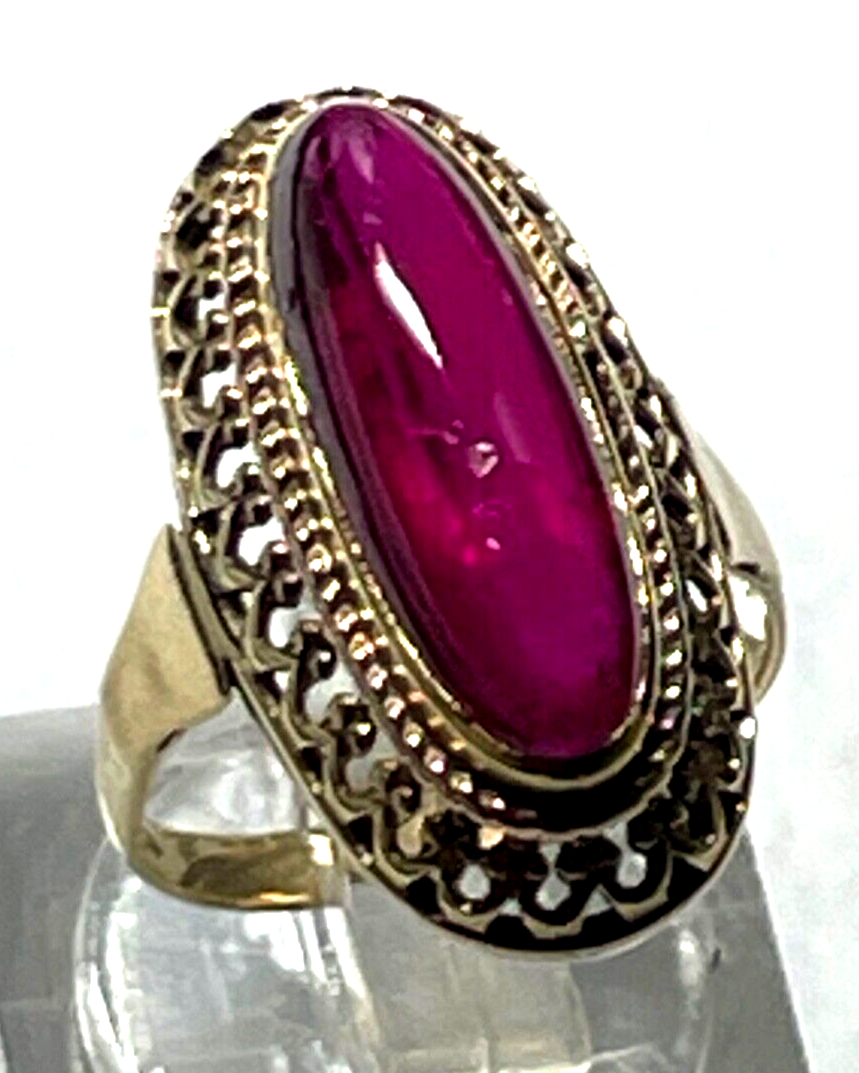 585 Gold 14 K antik Ring mit rotem Korund Farbstein Cabochon RG 47 Juwelier gepf0