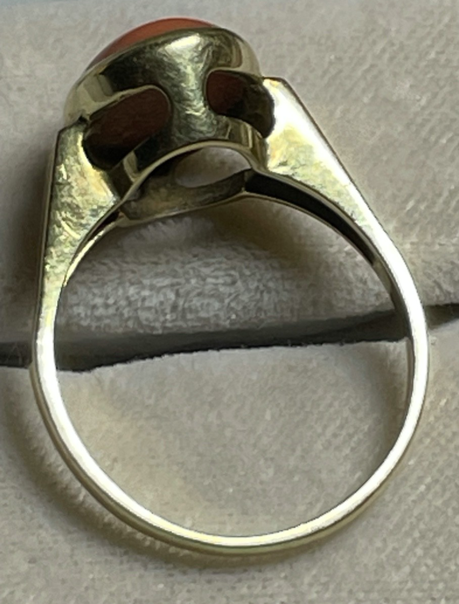 Solider 585 Gold 14 K Ring 19 mm RG 60 Natur Lachs Koralle Cabochon Juwelier4