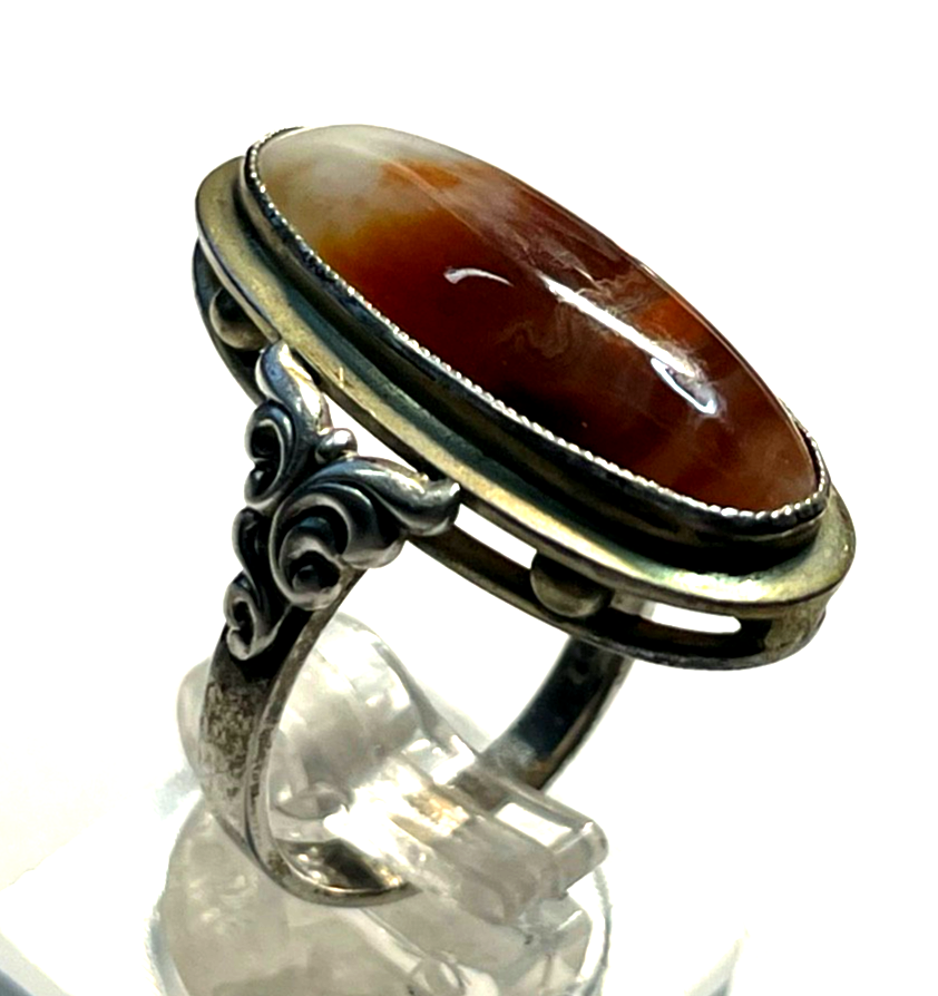 Antik 835 Silber Ring Achat Cabochon 30erJ Fassung Ø 16,5 mm RG 52 Handarbeit1