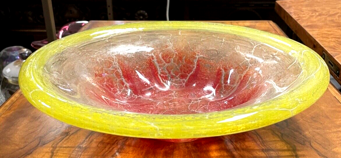 Antik IKORA Glas WMF Uranglas Schale 1A Zustand Ø 32 cm intensiv rot + neongelb0