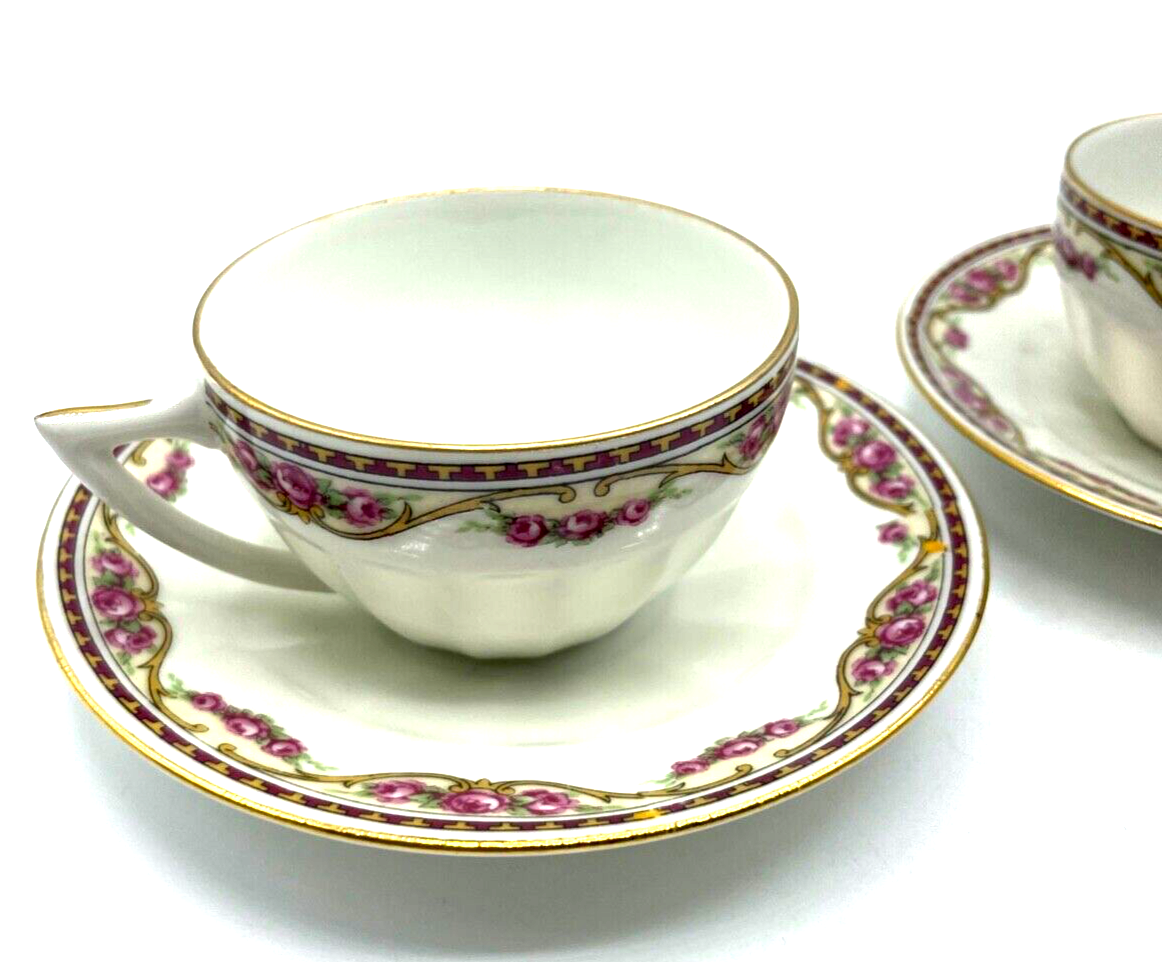 2x antik Porzellan Tasse + Unterteller Lamotte France Motiv Rose Ranke 30erJ rar2