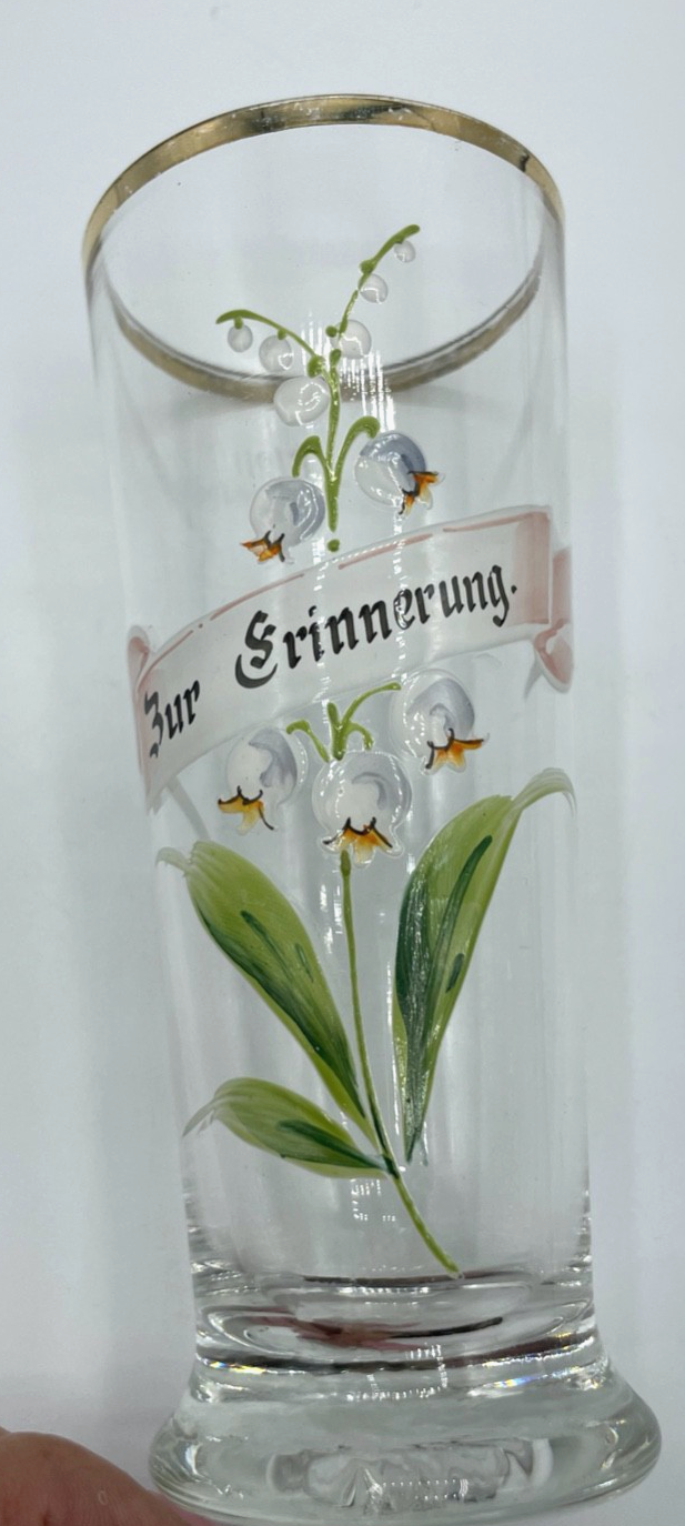 Antik Glas handbemalt Jugendstil Andenkenglas zur Erinnerung Maiglöckchen 6/20 L5