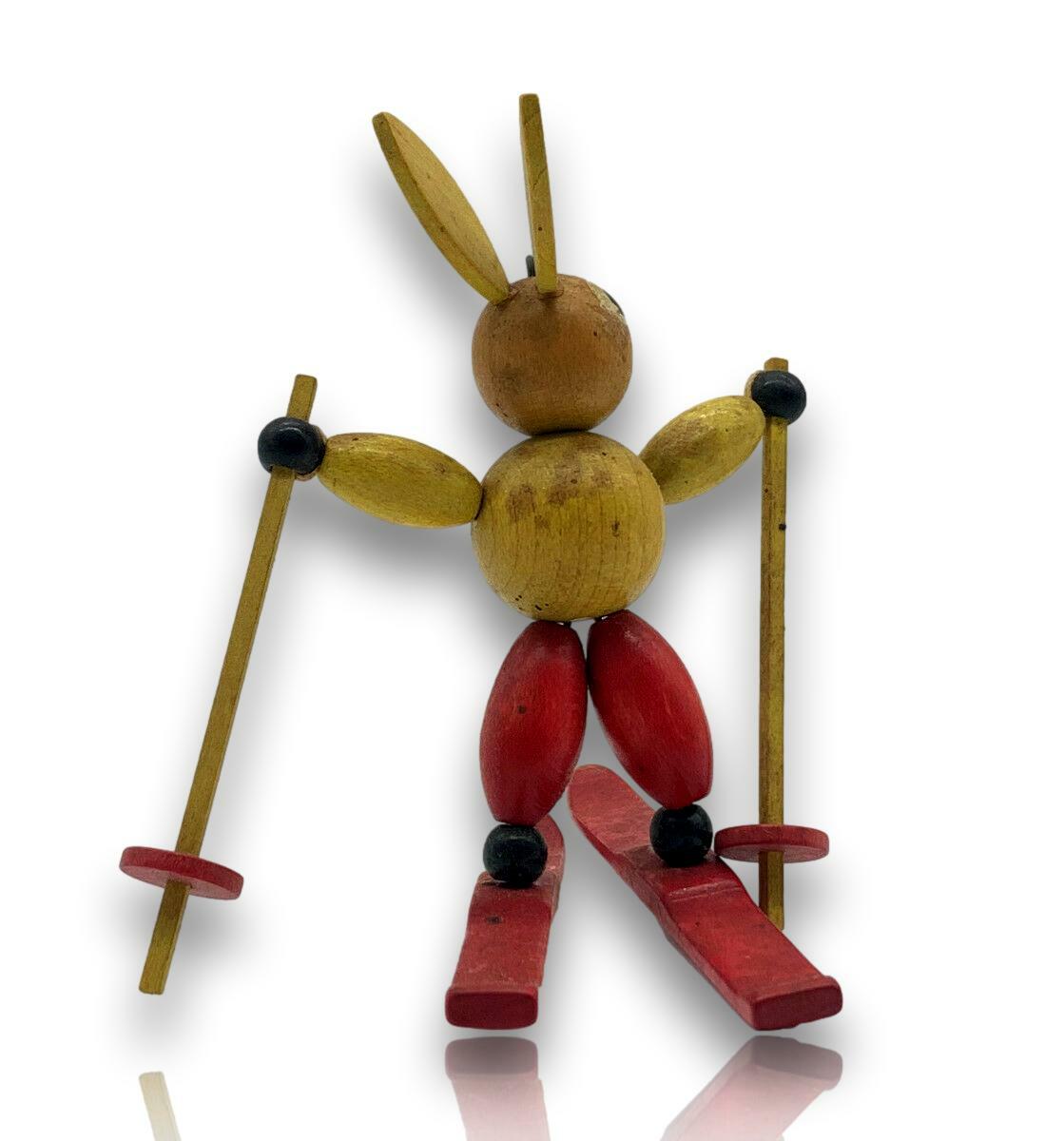 Erzgebirge Volkskunst Ski Hase - Holzschnitzerei - alte Figur beweglich2