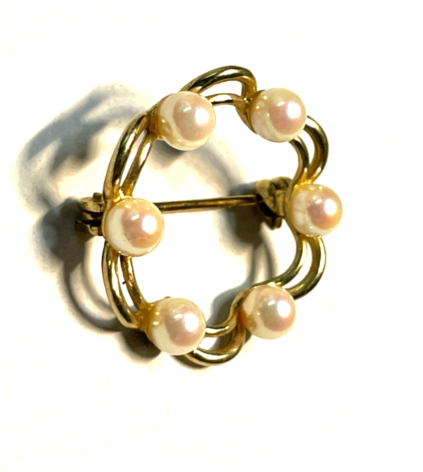 333 Gold 8 K Gelbgold runde klassische Brosche Anstecknadel mit 6 x Akoya Perle3