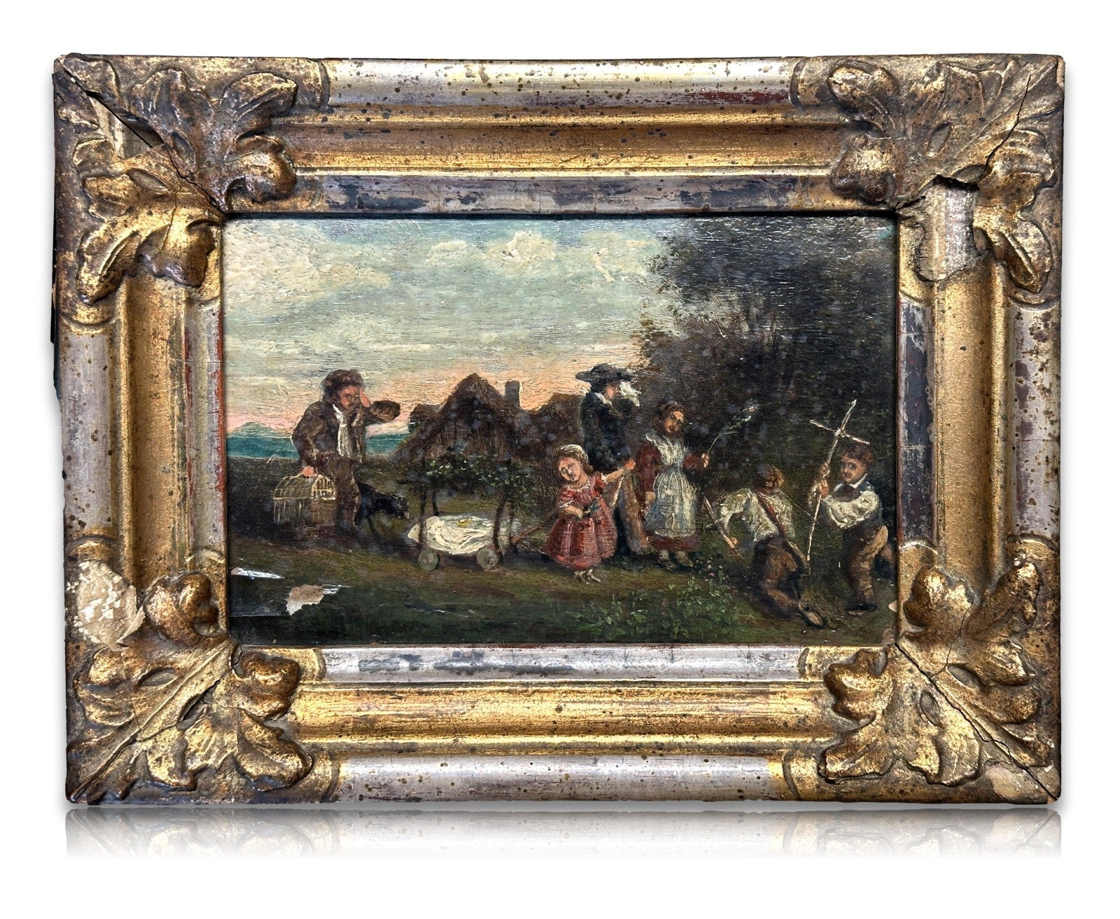 Genregemälde mit Kinderszene - Öl auf Holz - um 1870 – in originalem Rahmen0