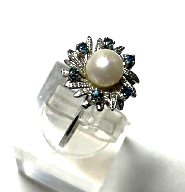 750 Gold 18 K Ring Weißgold Perle + 6 Saphir klassisch Ø 16,2 mm RG 51 Juwelier4